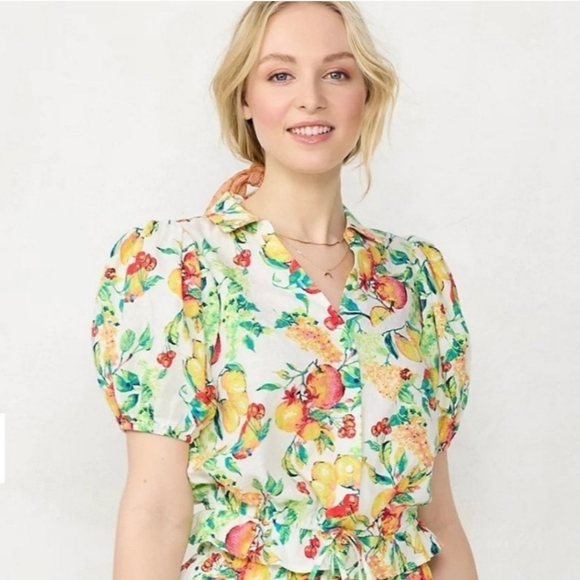 Lauren Conrad Tropical Fruit Button-Front Puff-Sleeve Top Size L - Picture 1 of 11